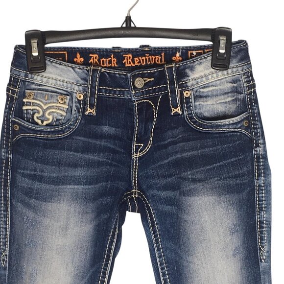 Rock Revival Jeans Womens 25 Alaina Blue  Skinny Distressed Embroidered Pockets - Picture 3 of 16